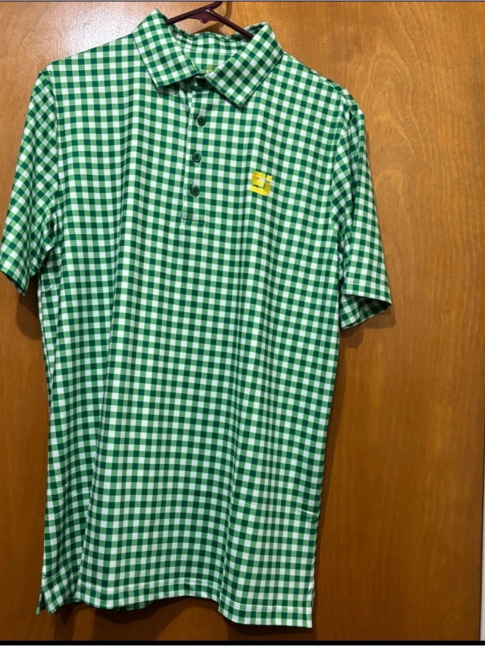 Green Gingham Short-Sleeve Polo with Contrast Chest Emblem